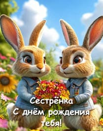на полянке два зайца держат букет цветов