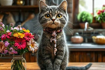 кот и цветочки