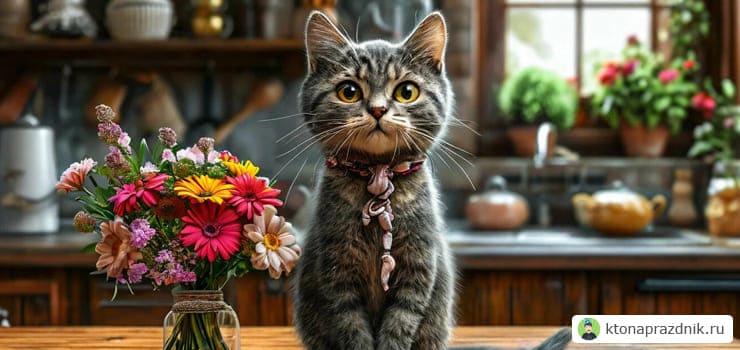 Кот с цветами на кухне