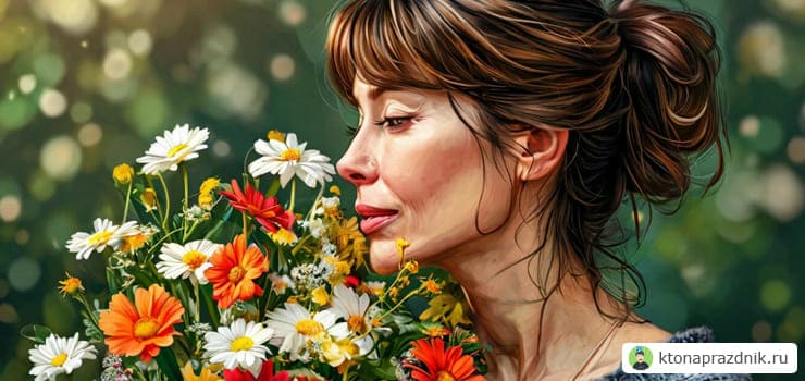 Мама женщина нюхает цветы натюрморт