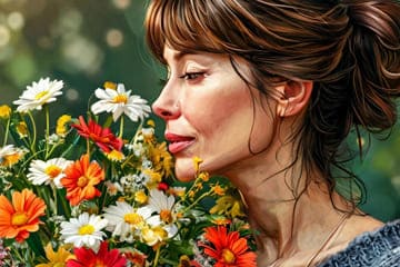мама нюхает цветы