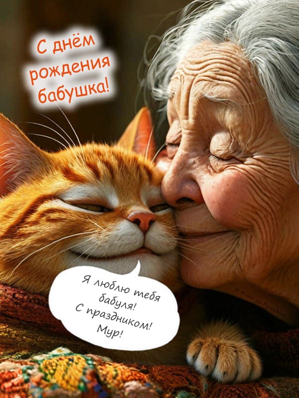 Бабушка обнимает рыжего кота он улыбается