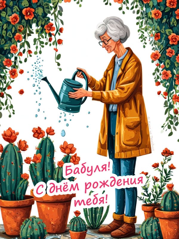 Иллюстрация бабушка поливает кактусы из лейки