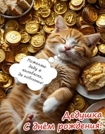 Рыжий котик лежит на монетах и думает о поздравлении