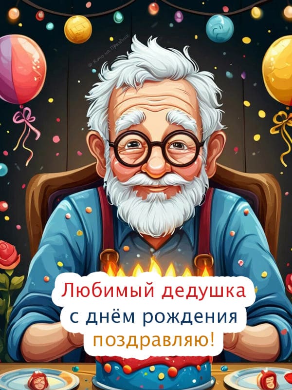 Дедушка на праздник с тортом и шарами нарисованный