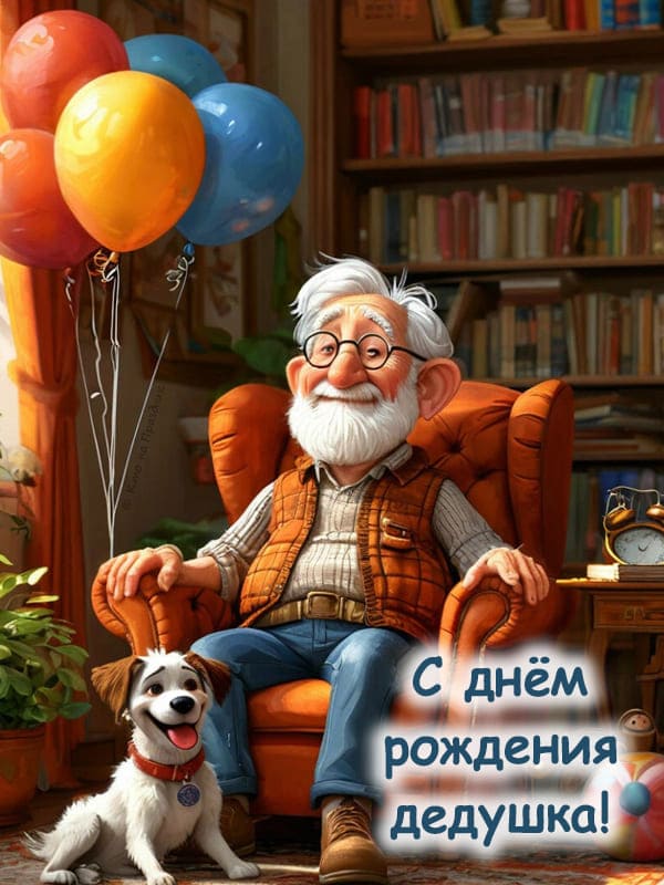 Дедушка сидит в кресле рядом собака 3d Пиксар