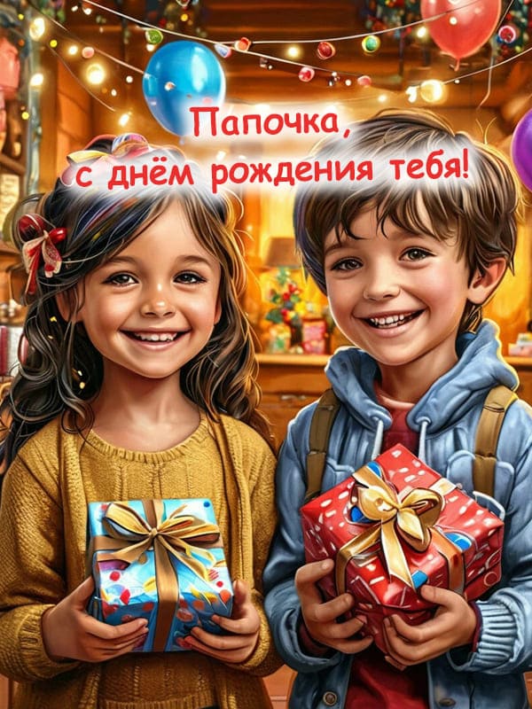 Дети с подарками папе открытка