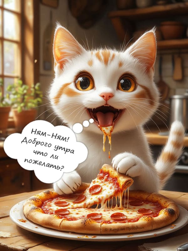 Кот на кухне ест пиццу утром