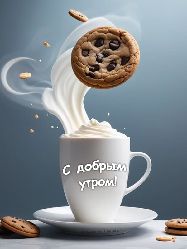 Кружка с тёплым молоком со сливками и печенье с шоколадом утром