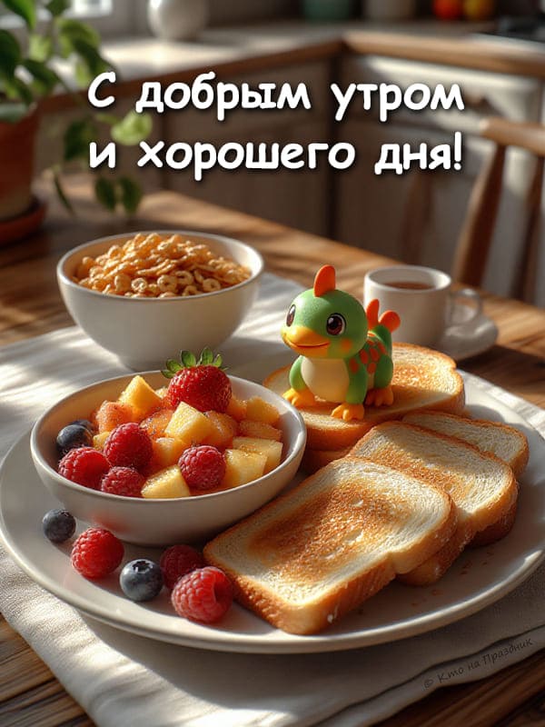 Картинка завтрак утренний, хлеб, чай, ягоды, сыр