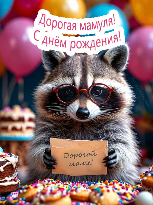 Енот в очках с табличкой день рождения