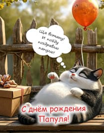 Нарисованный кот лежит на улице рядом подарок