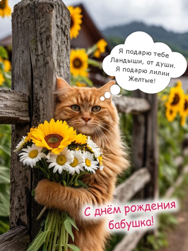 Рыжий кот обнял забор держит ромашки и подсолнух