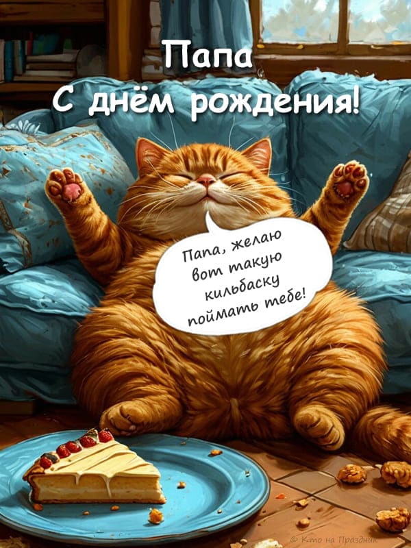 рыжий кот на диване с тортом