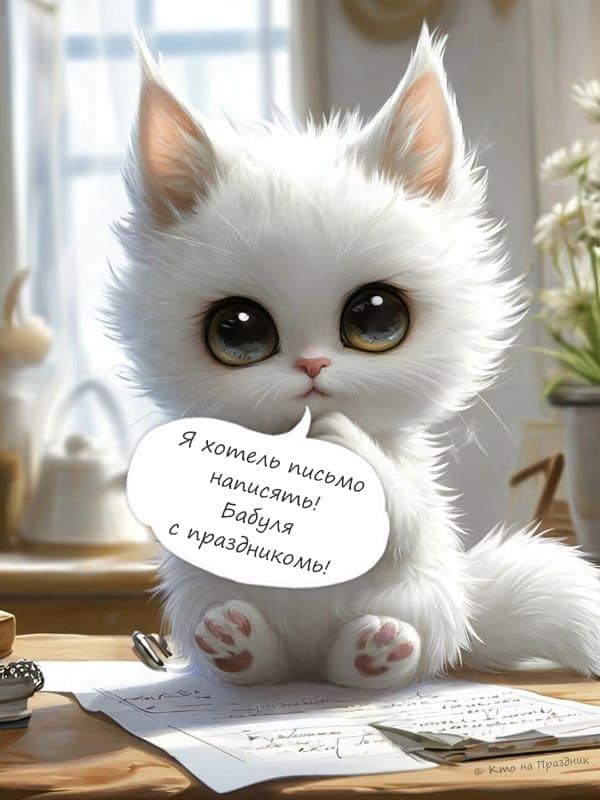 белый кот пишет письмо бабушке