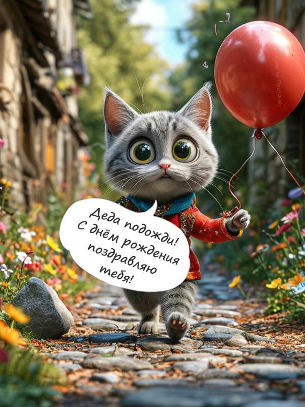 Кот персонаж в куртке бежит по тропинке с воздушным шаром