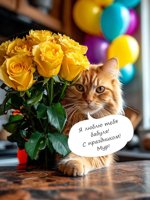 Кот с жёлтыми цветами розами на столе