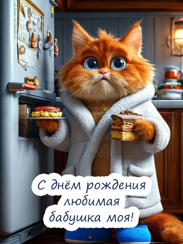 Рыжий кот в халате на кухне у холодильника с бутербродом