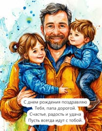 Папа в желтой куртке с детьми на руках
