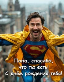 Мужчина в костюме супермен и жёлтой куртке папа