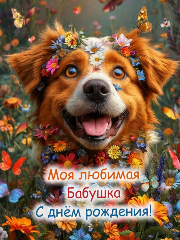 Милая собака в цветах и поздравление бабушке