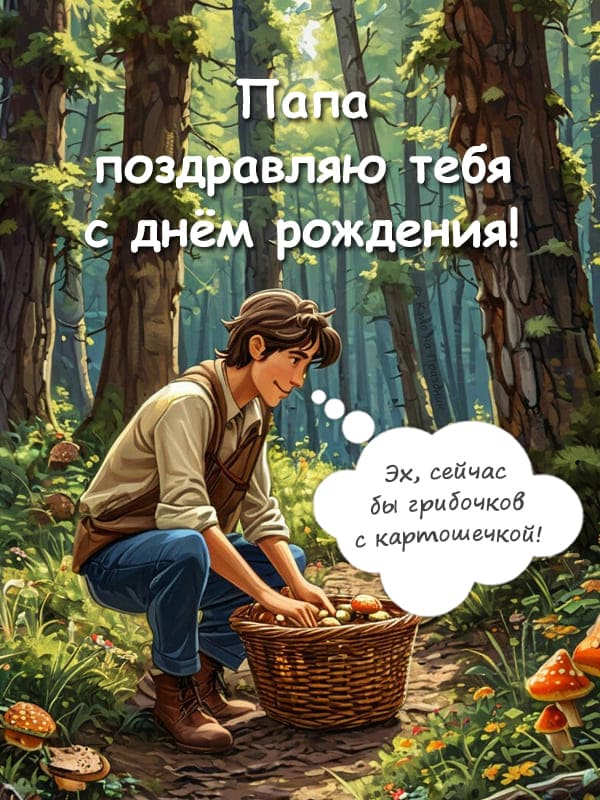 Открытка с папой в лесу с корзиной