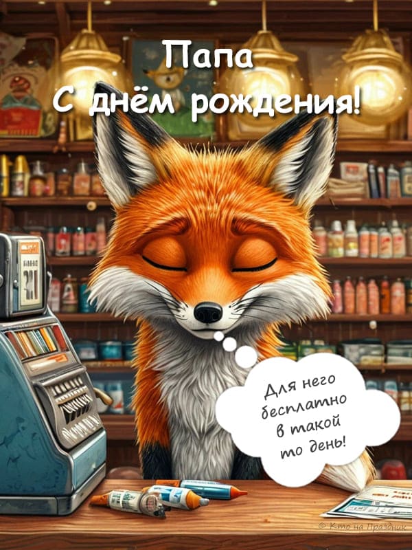 Лис за стойкой магазина открыточка папе