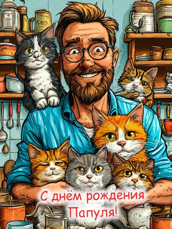 Нарисованный папа карикатура с котятами