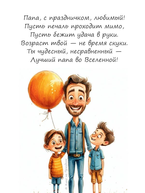 На белом фоне папа с детьми и стихотворение