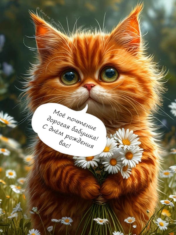 Рыжий кот с ромашками на природе