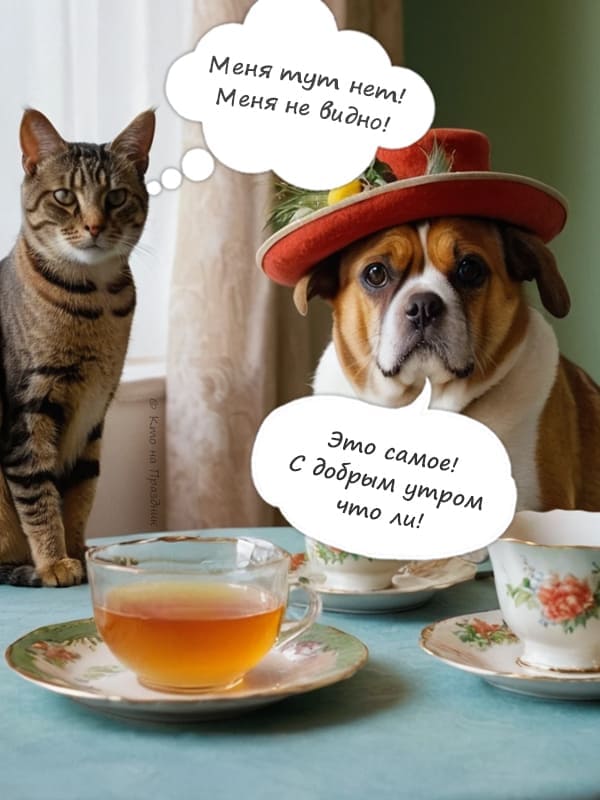 Собака и кот пьют чай