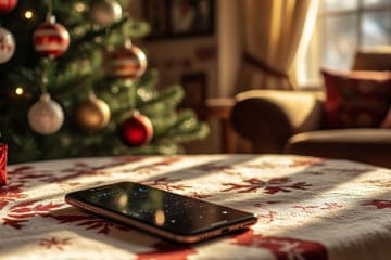 смартфон на столе ёлка