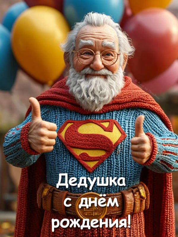 На фоне воздушных шаров дедушка супер как супермен с бородой