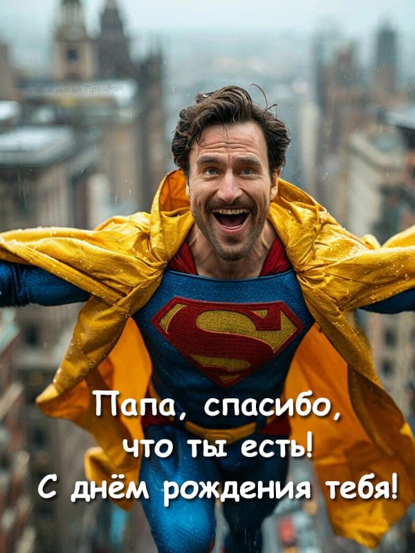 Мужчина на фоте в костюме супермен под дождём