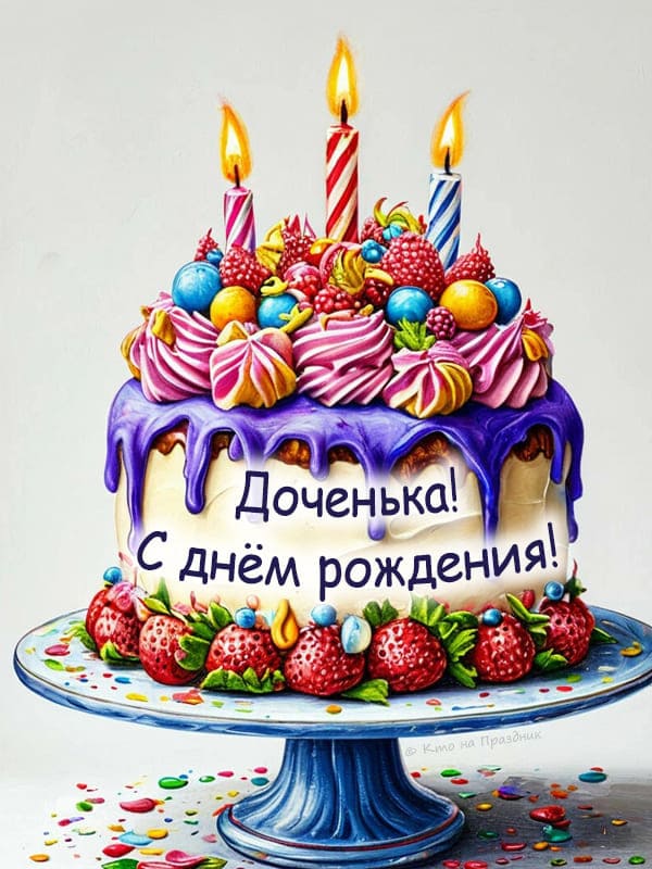 Большой торт для дочки с ягодами и свечкой