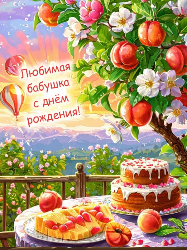 Яркая открытка бабушке с природой тортом и горами