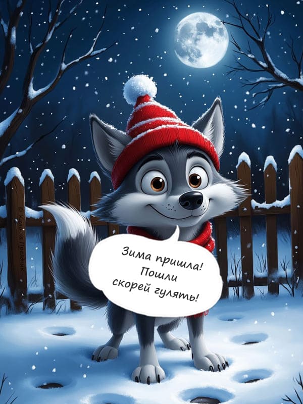 Нарисованная картинка волк в красной шапке у забора