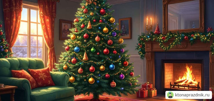 Иллюстрация зелёная ёлка в комнате с камином игрушки