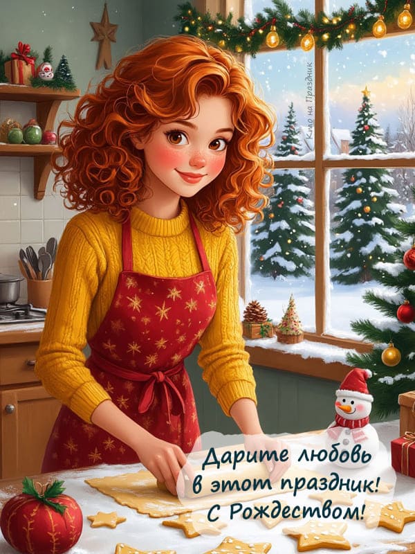 Девушка на кухне пекёт печенье на рождество