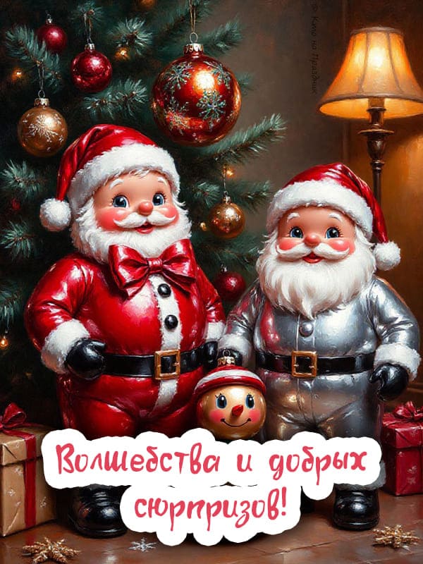 Две фигурки Санта Клауса под ёлкой среди подарков в комнате с таршером