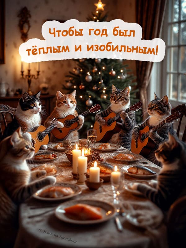 Коты поют песни на гитарах за новогодним столом