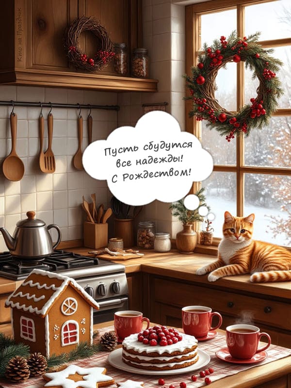 Кот на кухни поздравляет с рождеством