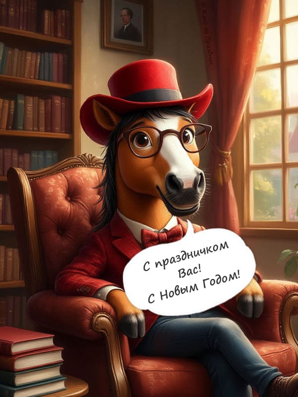 Иллюстрация лошадь в кресле в шляпе и фраке на фоне книжных полок