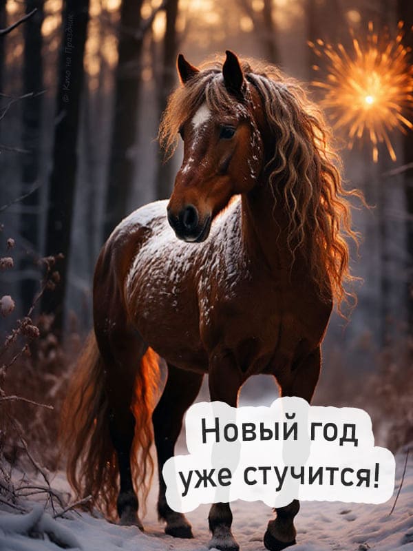 Коричневая лошадь в лесу салют открытка