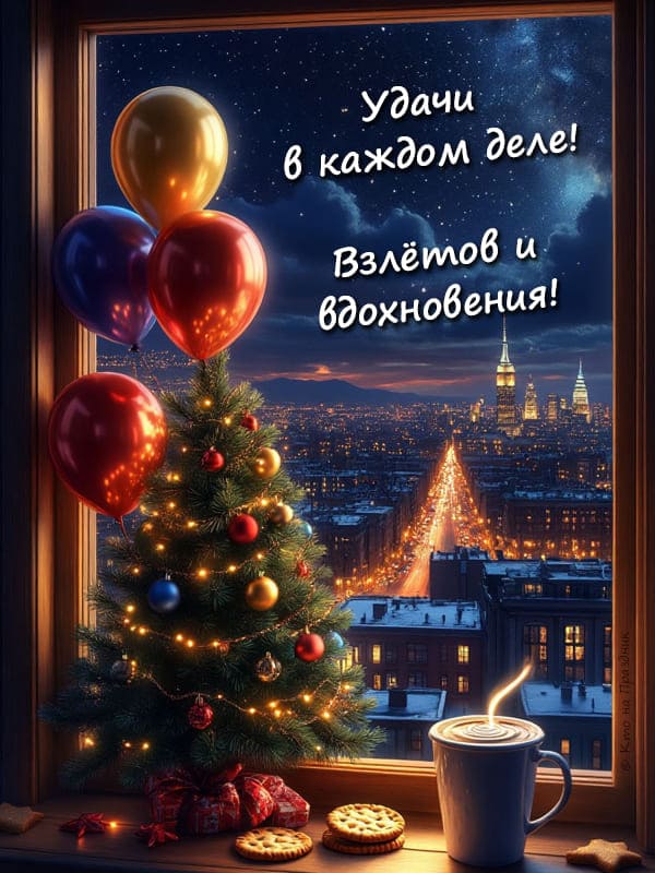 Добрая открытка окно с видом на зимний город ёлка печенье и кофе