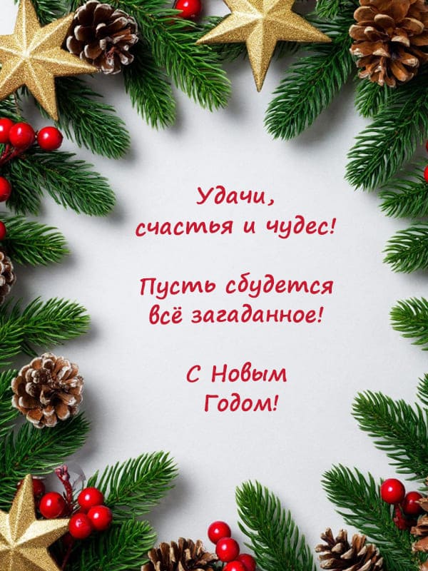 На белом фоне среди веток ели, шишки, красных ягод, игрушки звезда поздравление с новым годом