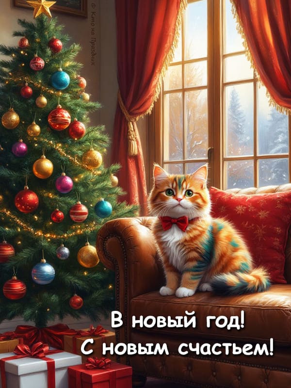 Комната с ёлкой шарами окно с занавесками и кот на диване