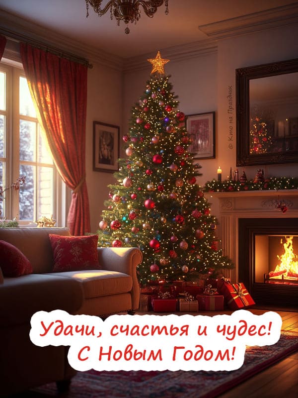 Большая ёлка до потолка в комнате с камином