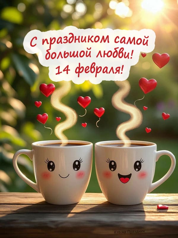 Две кружки с лицами на 14 февраля и летающие сердечки