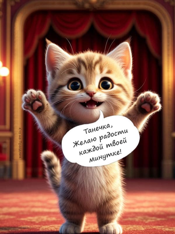 Кот счастливо поздравляет девушку Таню
